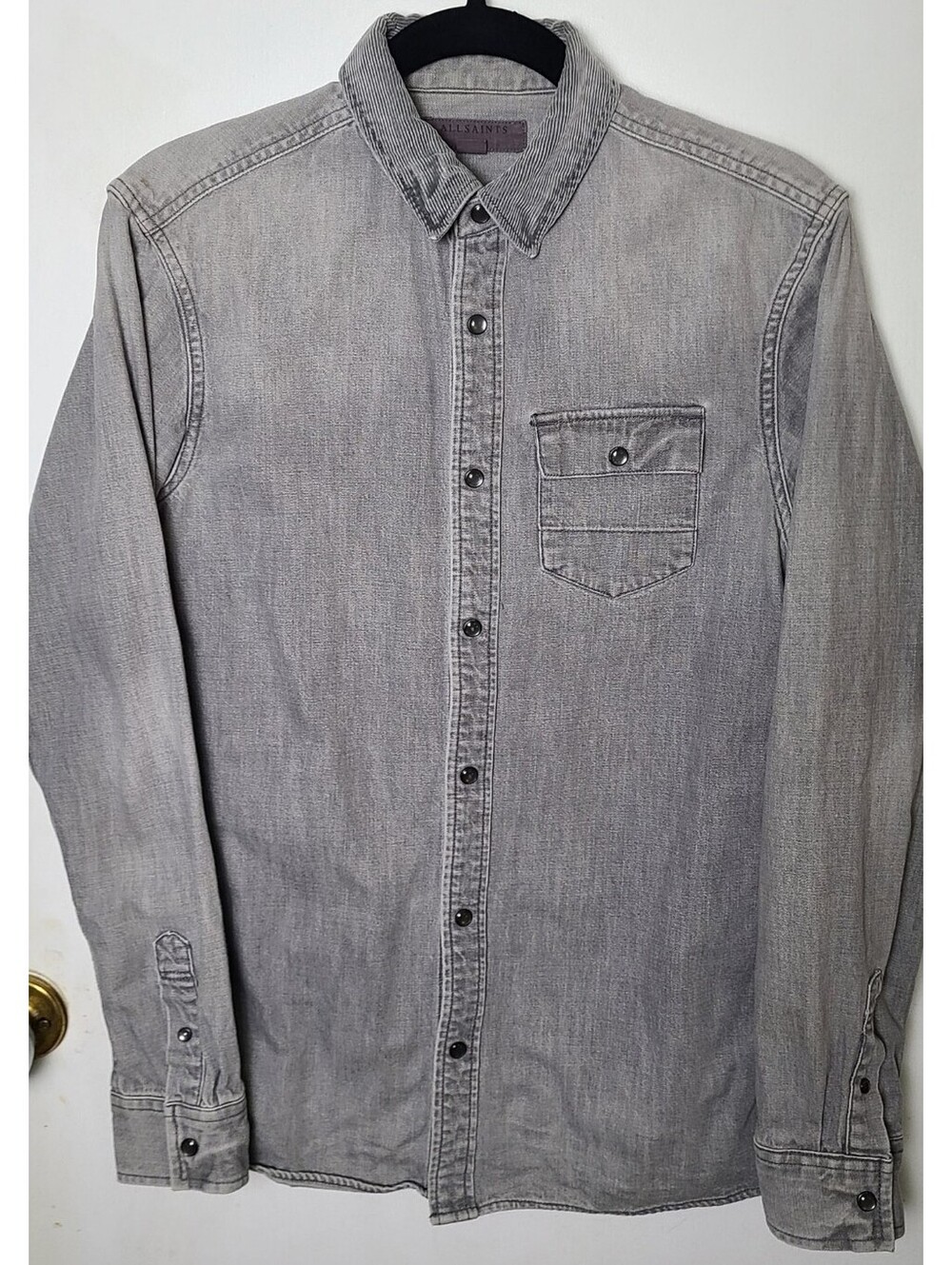 AllSaints Merrimack LS Shirt Gray Snap Button Cotton Denim Western Men's M
